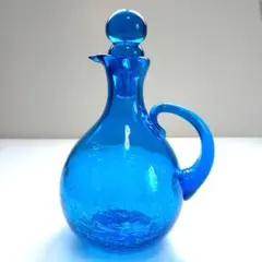 美品】クラックガラス デカンタ ブルー 水差し 蓋付き 手吹きガラス 