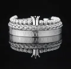 ３本セット　シルバーブレスレット クラウンモチーフ　ローマ数字　シンプル