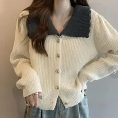 バイカラー 襟付き ニット カーディガン 長袖のサムネイル