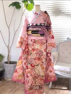 振袖フルセットピンク系 花柄 振袖 黒帯