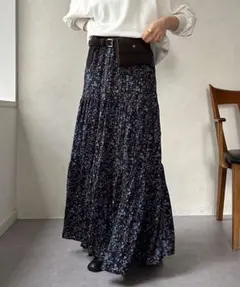 DOUDOU 花柄 ロング プリント フレアスカート ブラック ブルーのサムネイル