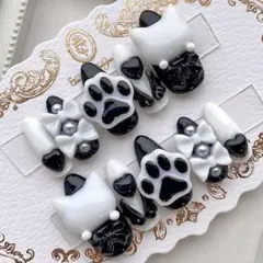 ネイルチップ 量産型 地雷 サブカル 天使界隈 黒 白 猫 肉球 リボン ハート