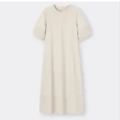 GU ランタンスリーブワンピース[5分袖] ベージュ L マキシワンピ