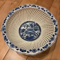 有田焼 琴峰作 透かし鉢 染付 花文様 約21cm 菓子鉢