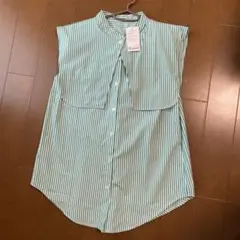 La-gemme 緑と白のストライプ ノースリーブシャツ M