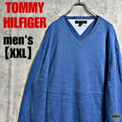 a58【TOMMY HILFIGER】刺繍ロゴ　ライトセーター【XXL】ブルー