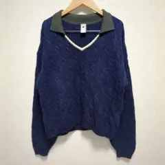 E1258 NICOLE CLUB ケーブルニット　プルオーバー　襟　ネイビー