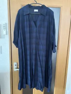 ネイビー系チェック柄シャツワンピース 大きいサイズ　3L 七分袖