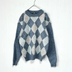 1494 ヴィンテージクラブ アーガイル柄ニット ウール100 M ブルー系