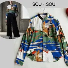 ソウソウSOUSOU★若冲 鳥獣花木図屏風 高島縮 バンドカラー長袖シャツ 総柄 ソウソウSOUSOU☆若冲 鳥獣花木図屏風 高島縮 バンドカラー長袖シャツ