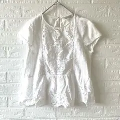 ZARA カットワークレース 刺繍ブラウス 白 ペプラム 半袖 バックボタン