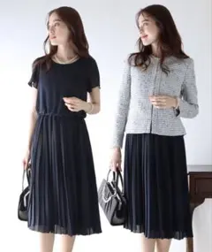 WHITE JOOLA ミックスツイードノーカラージャケット×プリーツワンピース