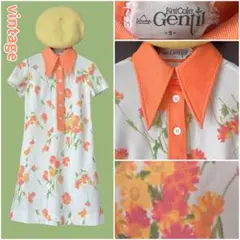 昭和レトロポップ︎✦︎ヴィンテージ古着︎✦︎白 オレンジ花柄︎✦︎半袖ポロシャツワンピースのサムネイル