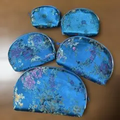 アジア雑貨 刺繍青ポーチセット 5点