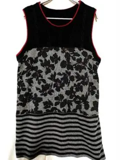 花柄ストライプブラック切り替えウール混ニットベストチュニック　11号ｌサイズ