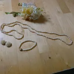 淡水パール1連ロングネックレスブレスレットイヤリングセット