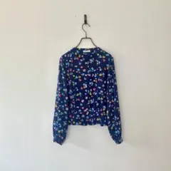 古着 ノーカラーブラウス ペプラム 花柄 ジャケット風 レトロ 結婚式 青 M