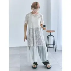 【新品未使用品】フラワーレースデザイン 半袖ワンピース Fサイズ