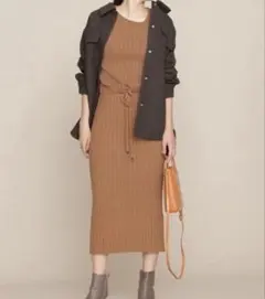 エラスティックニットリブワンピース NANO universe キャメル