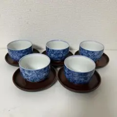 青色花柄湯飲み5個セット（皿付き）