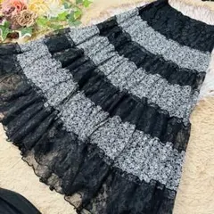 ティアード　ロングフレアスカート　ストレッチ　M 薔薇柄　レース