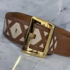 CELINE セリーヌ 幾何学模様刺繍レザーベルト 太幅 ゴールド 金 チェックのサムネイル