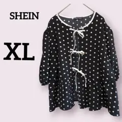 SHEIN【XL】ドット柄 長袖ブラウス リボン 黒/白