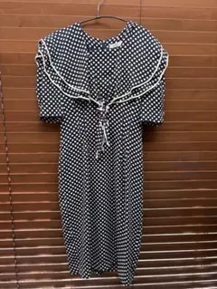 ヴィンテージドット柄エリワンピース ネイビー