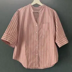 GU ストライプ柄 バンドカラーシャツ 五分袖 ピンク　M