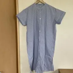 【美品】【未使用】ストライプ柄 バンドカラー 半袖シャツワンピース