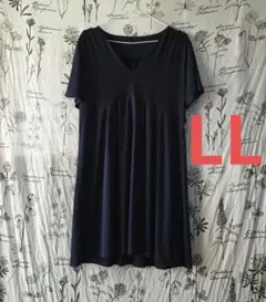 425 ネイビー Vネック 半袖 ワンピース ひざ丈