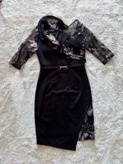 総レース 7分袖 アシンメトリー スリット タイト キャバドレス 黒ゴールド M