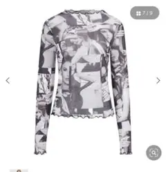 guess モノクロ コラージュプリント LS Adriana Mesh Top