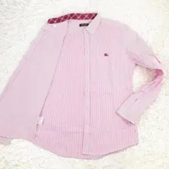 美品△バーバリーブラックレーベル 長袖シャツ ピンク ストライプ ノバチェック