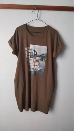 ブラウン プリント Tシャツ M-L