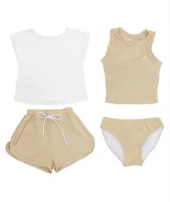 キッズ トップス付き リブ タンキニ 4点セット 水着 セットアップ150 XL