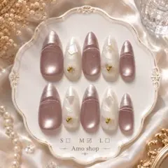 【現品限定】うる艶ピンクベージュ×ホワイト 綺麗め かわいいマグネットネイル