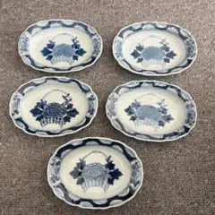 骨董品 昭和 青白磁 手描き花籠文様皿 5枚セット和食器 古道具 アンティーク