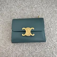 極美品】CELINE トリオンフ スモールウォレット 三つ折り財布 グリーン 