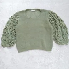 リイナ ボリューム スリーブ ニットセーター 黄緑 シャーリング M 個性的