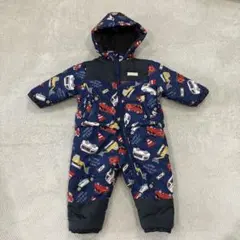 車プリント ネイビー アウター 90 スノーコンビ　つなぎ