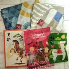 ✩新品未開封✩KALDI もへじ 手拭いエコバッグ 午 巳 2点＆食品福袋3点