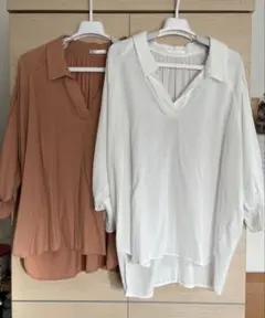 【PIERROT 】茶色＆白 2枚セット 七分袖ブラウス ギャザー入り