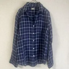 リネン　100% 長袖シャツ　麻　ブラウス　チェック柄　レディース　ブルー系のサムネイル