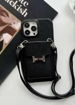 iPhone12 Pro Max ケース　カード収納　ストラップ付き　ブラック