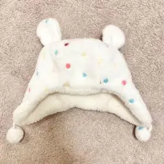 くま耳♡ フワフワ　ボア　ボンボンつき　水玉　帽子