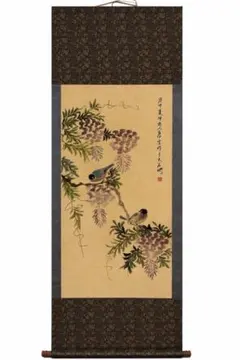 唐云紫藤双栖图 中国画 掛け軸 水墨画 和室 玄関 茶室 壁掛け 美術品