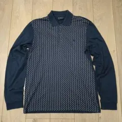 y2k90sラコステLacoste 幾何学総柄 長袖ポロシャツ ネイビー刺繍ロゴ