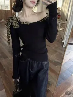 ヒョウ柄リボン付きオフショルダー