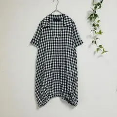 イーハイフン ギンガムチェック スキッパー チュニック ワンピース コクーン